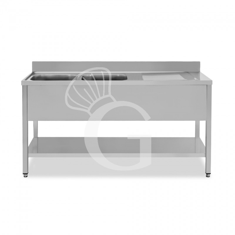 Fregadero inox 1 estante, peto, 2 cubas, escurridor a la derecha L1500mmxP700mmxA965mm-agujero para el grifo Ø 32 mm