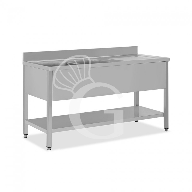 Fregadero inox 1 estante, peto, 2 cubas, escurridor a la derecha L1500mmxP700mmxA965mm-agujero para el grifo Ø 32 mm