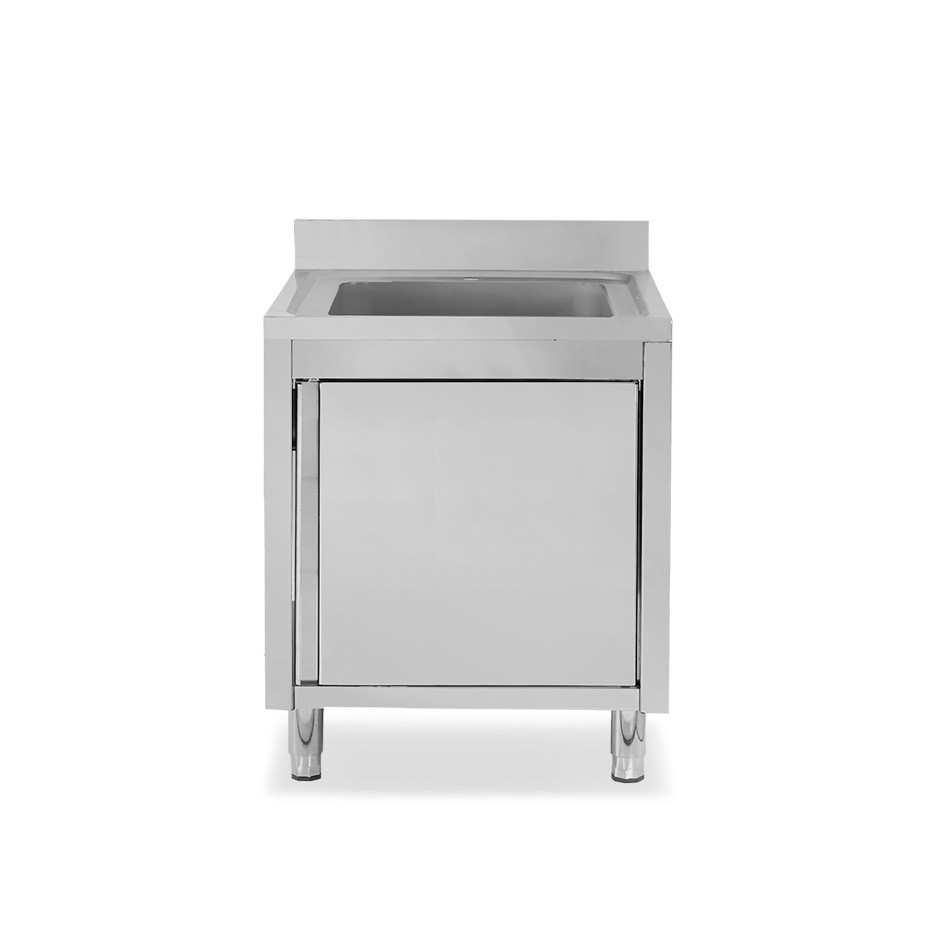 Fregadero con mueble inox con 1 puerta batiente, 1 cubeta, peto L800mmxP600mmxA965mm con agujero para el grifo de Ø 32 mm