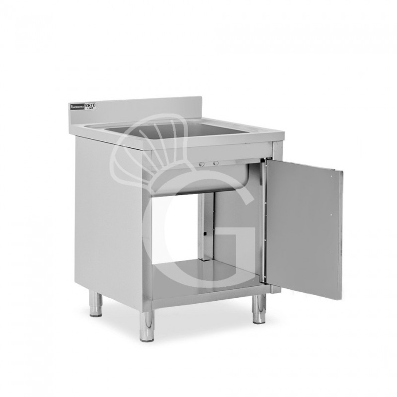 Fregadero con mueble inox con 1 puerta batiente, 1 cubeta, peto L800mmxP600mmxA965mm con agujero para el grifo de Ø 32 mm