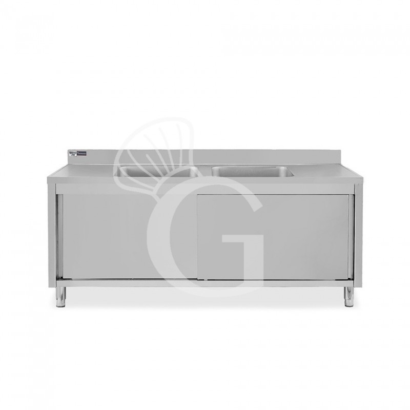 Fregadero con mueble de acero inox, 2 puertas, peto, 2 cubetas L1800xP600xA965mm-agujero para grifo de Ø32mm