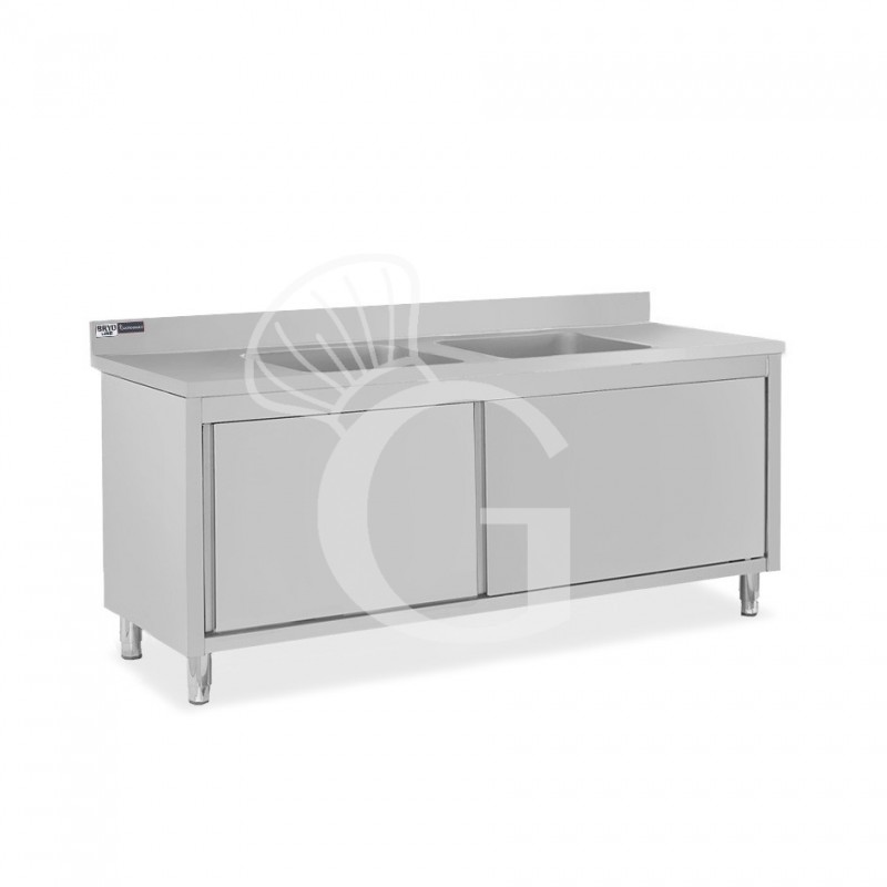 Fregadero con mueble de acero inox, 2 puertas, peto, 2 cubetas L1800xP600xA965mm-agujero para grifo de Ø32mm
