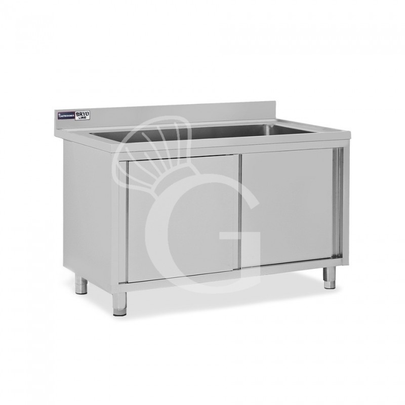 Fregadero para ollas con mueble inox 2 puertas correderas, peto, 1 cuba L 1400 mm x P 700 mm x A 965 mm agujero grifo Ø32mm