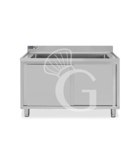 Fregadero para ollas con mueble inox 2 puertas correderas, peto, 1 cuba L 1400 mm x P 700 mm x A 965 mm agujero grifo Ø32mm