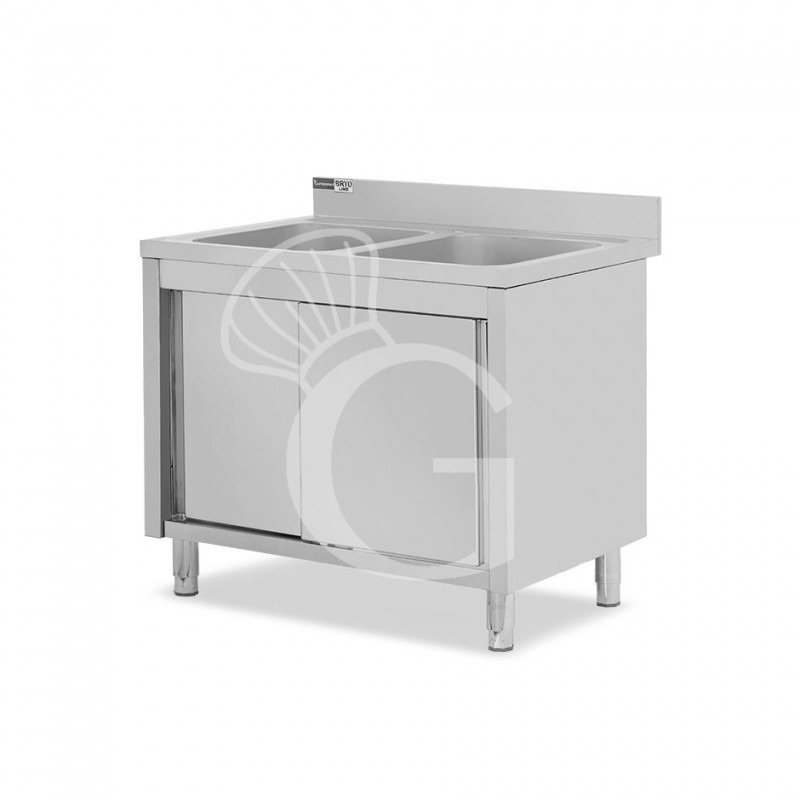 Fregadero con mueble de acero inox, 2 puertas, peto, 2 cubetas L1200xP700xA965mm-agujero para grifo de Ø32mm