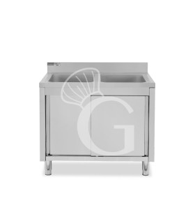 Fregadero con mueble de acero inox, 2 puertas, peto, 2 cubetas L1200xP700xA965mm-agujero para grifo de Ø32mm