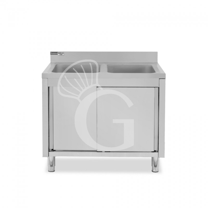 Fregadero con mueble de acero inox, 2 puertas, peto, 2 cubetas L1200xP700xA965mm-agujero para grifo de Ø32mm
