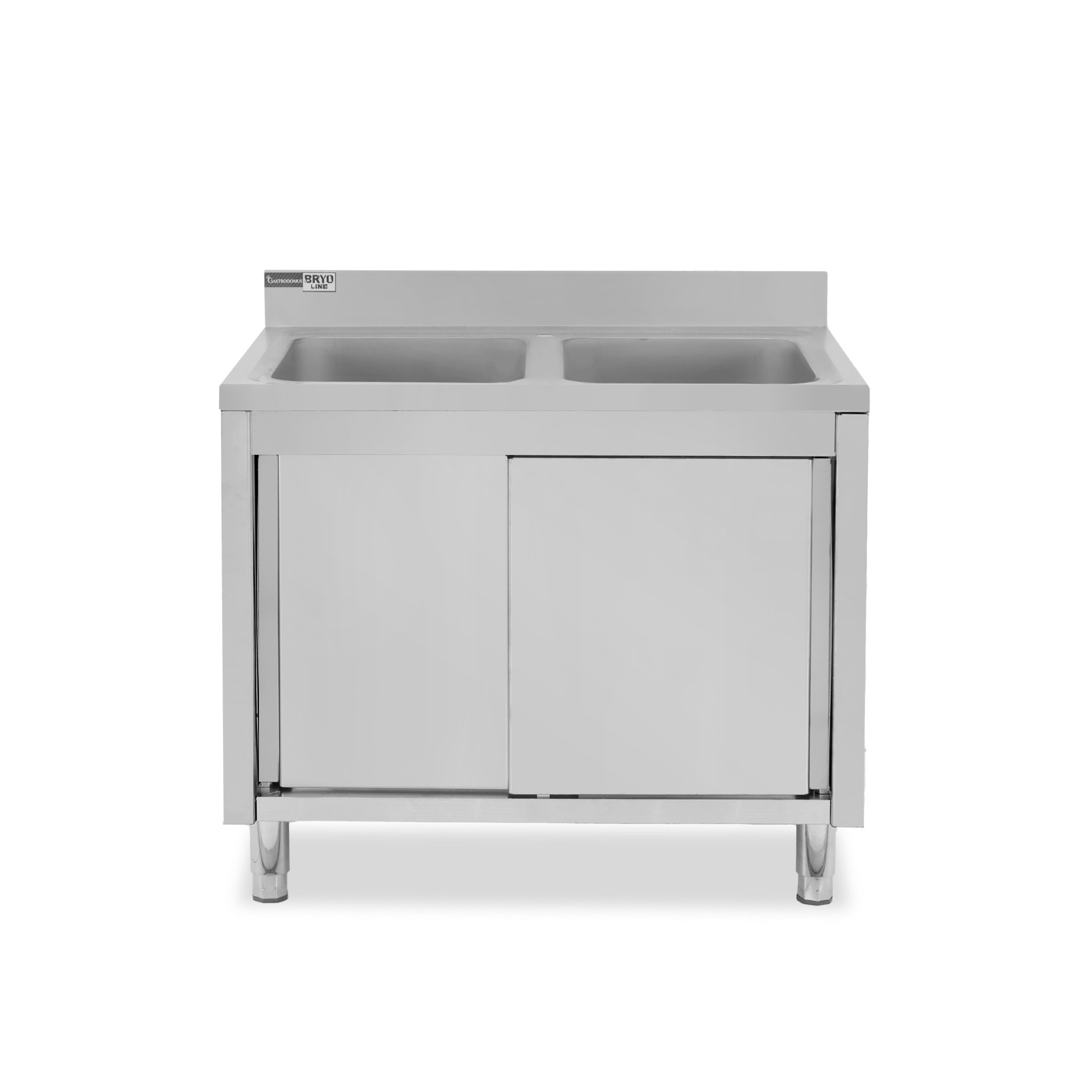 Fregadero con mueble de acero inox, 2 puertas, peto, 2 cubetas L1200xP700xA965mm-agujero para grifo de Ø32mm