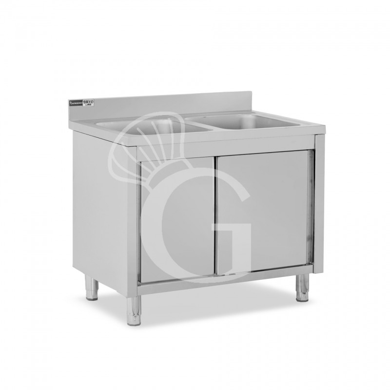 Fregadero con mueble de acero inox, 2 puertas, peto, 2 cubetas L1200xP700xA965mm-agujero para grifo de Ø32mm