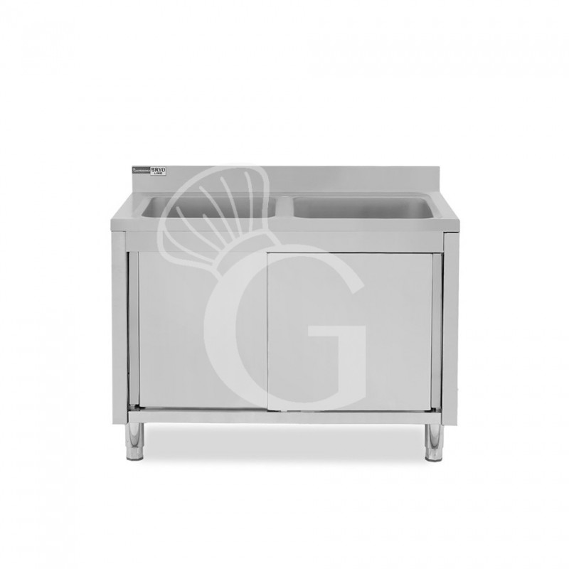 Fregadero con mueble de acero inox, 2 puertas, peto, 2 cubetas L1300xP700xA965mm-agujero para grifo de Ø32mm