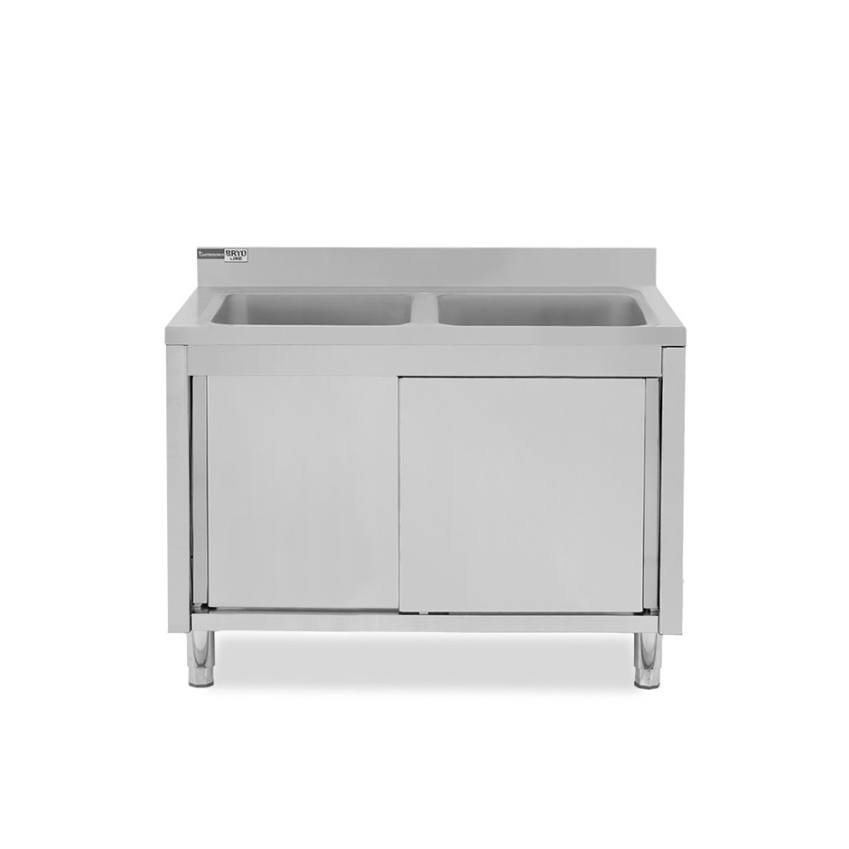 Fregadero con mueble de acero inox, 2 puertas, peto, 2 cubetas L1300xP700xA965mm-agujero para grifo de Ø32mm