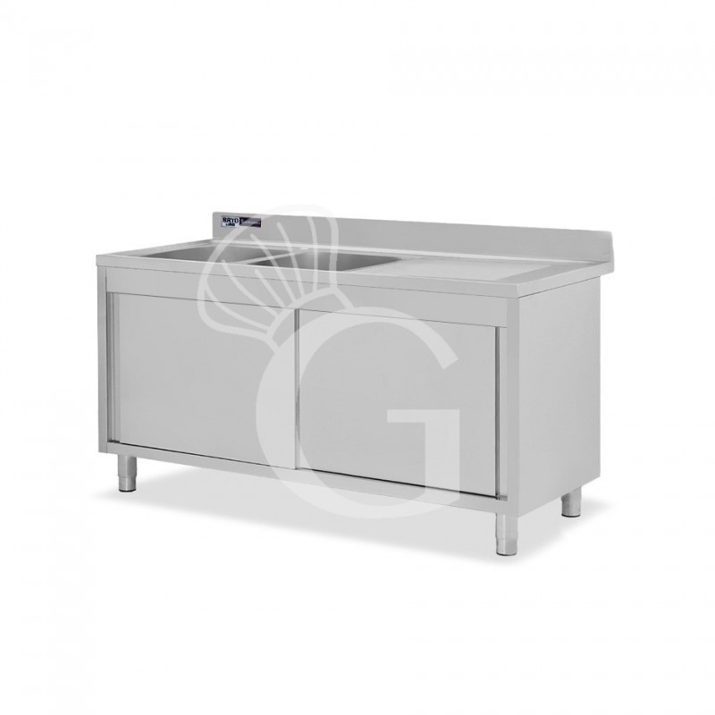 Fregadero con mueble de acero inox, 2 puertas, 2 cubetas,escurridor a la derecha L1500xP700xA965-agujero para el grifo Ø32mm