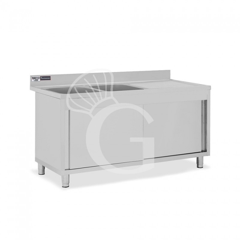 Fregadero con mueble de acero inox, 2 puertas, 2 cubetas,escurridor a la derecha L1500xP700xA965-agujero para el grifo Ø32mm