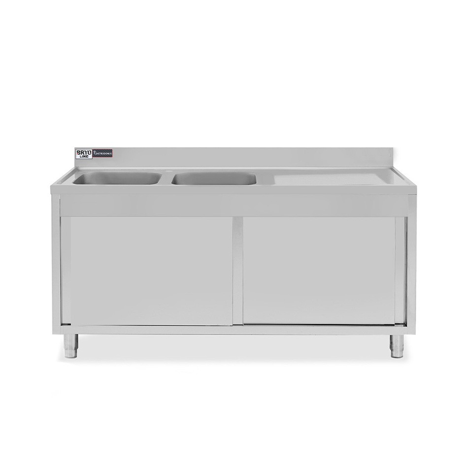 Fregadero con mueble de acero inox, 2 puertas, 2 cubetas,escurridor a la derecha L1500xP700xA965-agujero para el grifo Ø32mm