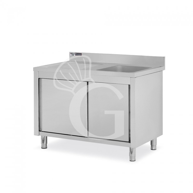 Fregadero con mueble de acero inox, 2 puertas, 1 cubeta, escurridor a la izquierda L1500xP700xA965mm-agujero para grifo Ø32mm