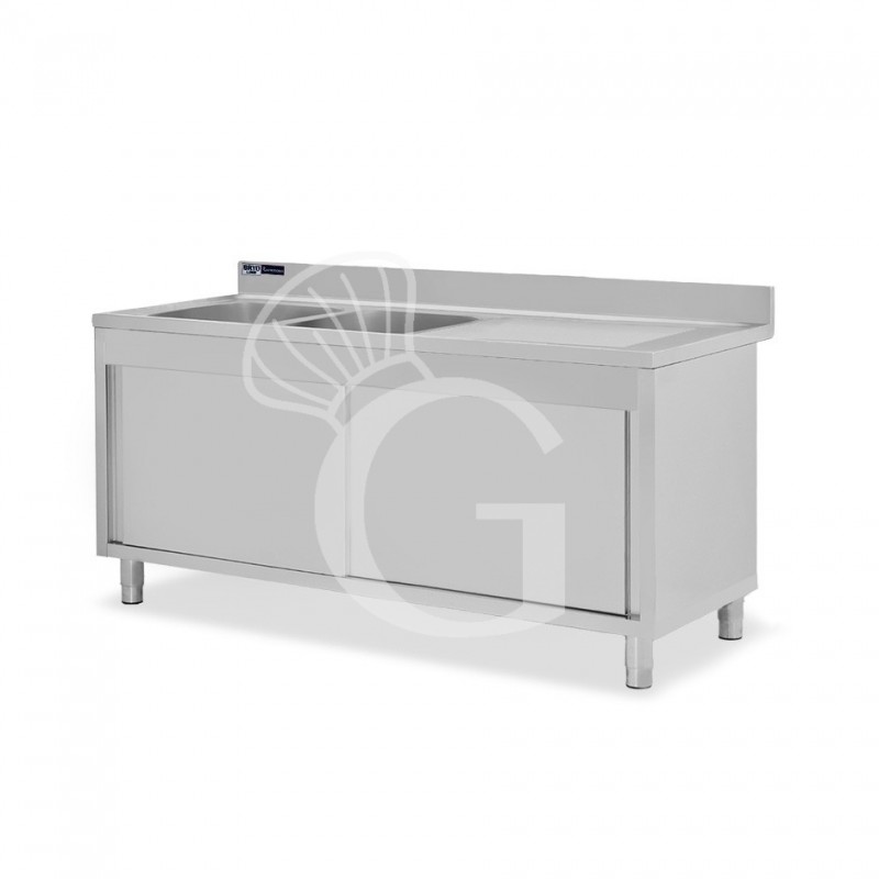 Fregadero con mueble de acero inox, 2 puertas, 2 cubetas,escurridor a la derecha L1800xP700xA965-agujero para el grifo Ø32mm