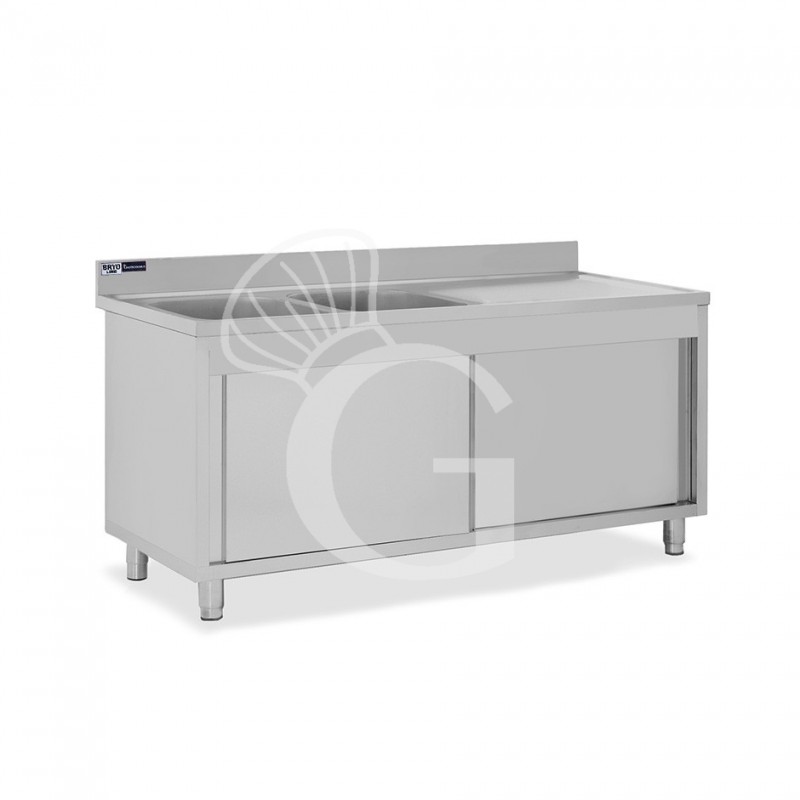 Fregadero con mueble de acero inox, 2 puertas, 2 cubetas,escurridor a la derecha L1800xP700xA965-agujero para el grifo Ø32mm