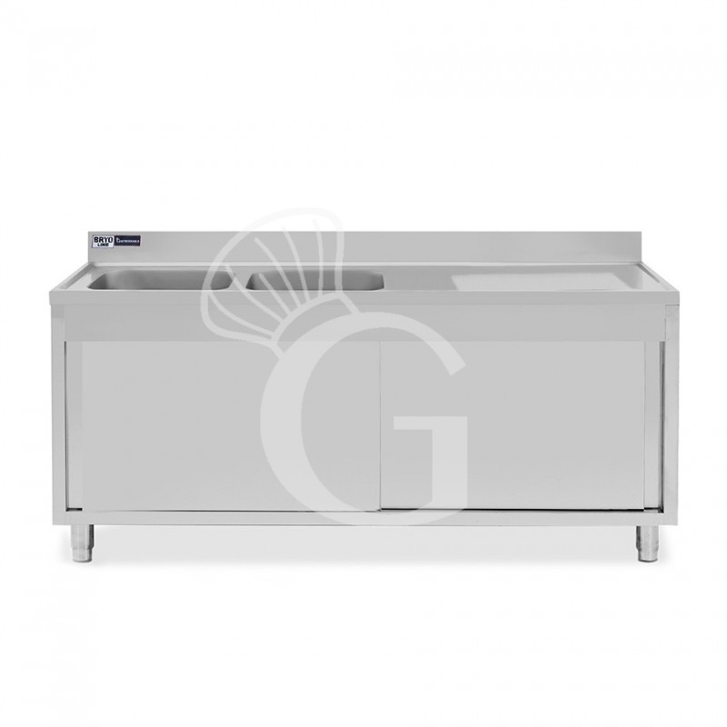 Fregadero con mueble de acero inox, 2 puertas, 2 cubetas,escurridor a la derecha L1800xP700xA965-agujero para el grifo Ø32mm