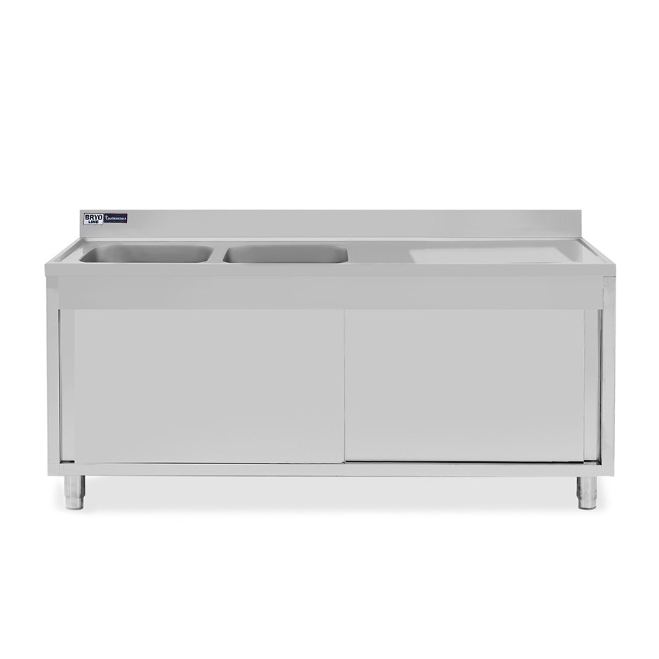 Fregadero con mueble de acero inox, 2 puertas, 2 cubetas,escurridor a la derecha L1800xP700xA965-agujero para el grifo Ø32mm