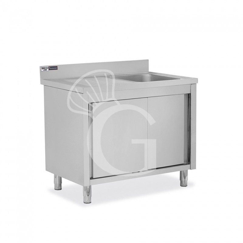 Fregadero con mueble 2 puertas correderas, cubeta, escurridor a la izquierda y peto L1100mmxP600mmxA965mm agujero grifo Ø 32mm