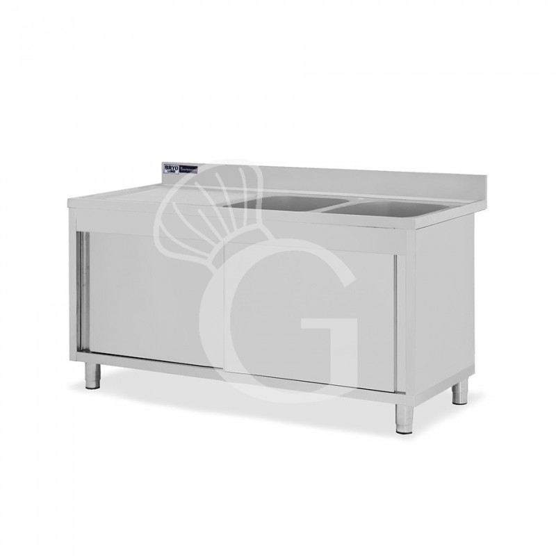 Fregadero con mueble de acero inox, 2 puertas, 2 cubetas, escurridor a la izquierda L1500xP700xA965-agujero para el grifo Ø32mm
