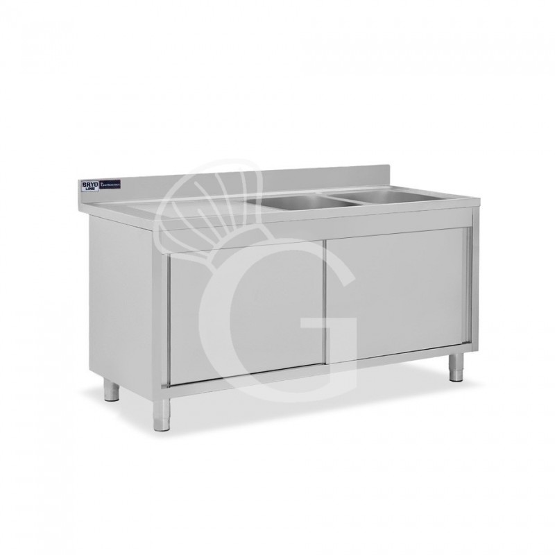 Fregadero con mueble de acero inox, 2 puertas, 2 cubetas, escurridor a la izquierda L1500xP700xA965-agujero para el grifo Ø32mm