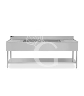 Fregadero inox 1 estante, peto trasero, 2 cubas, 2 escurridores, L2400mmxP700mmxA965mm-agujero para el grifo Ø 32 mm