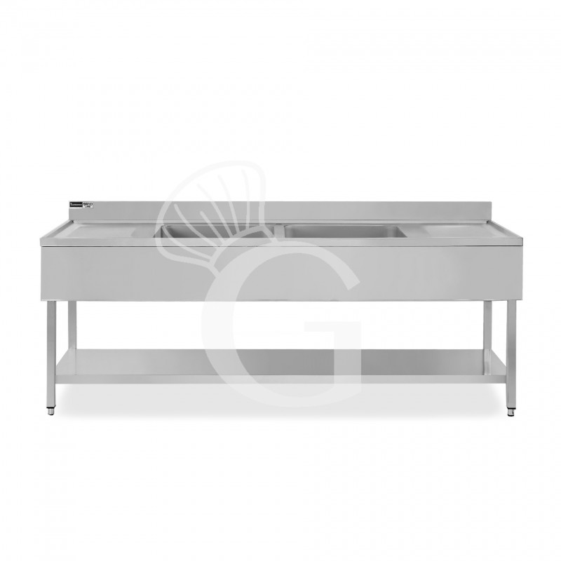 Fregadero inox 1 estante, peto trasero, 2 cubas, 2 escurridores, L2400mmxP700mmxA965mm-agujero para el grifo Ø 32 mm