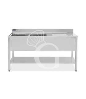 Fregadero inox 1 estante, peto, 2 cubas, escurridor a la derecha L1700mmxP700mmxA965mm-agujero para el grifo Ø 32 mm