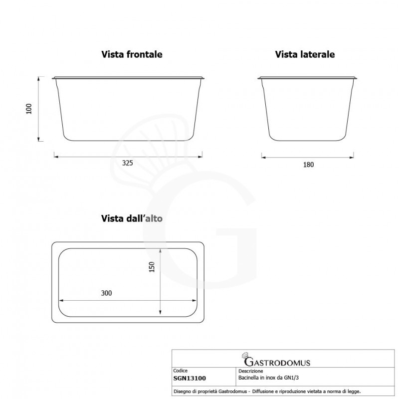 Cubeta en acero inoxidable GN1/3 L 325 mm x P 176 mm x H 100 mm