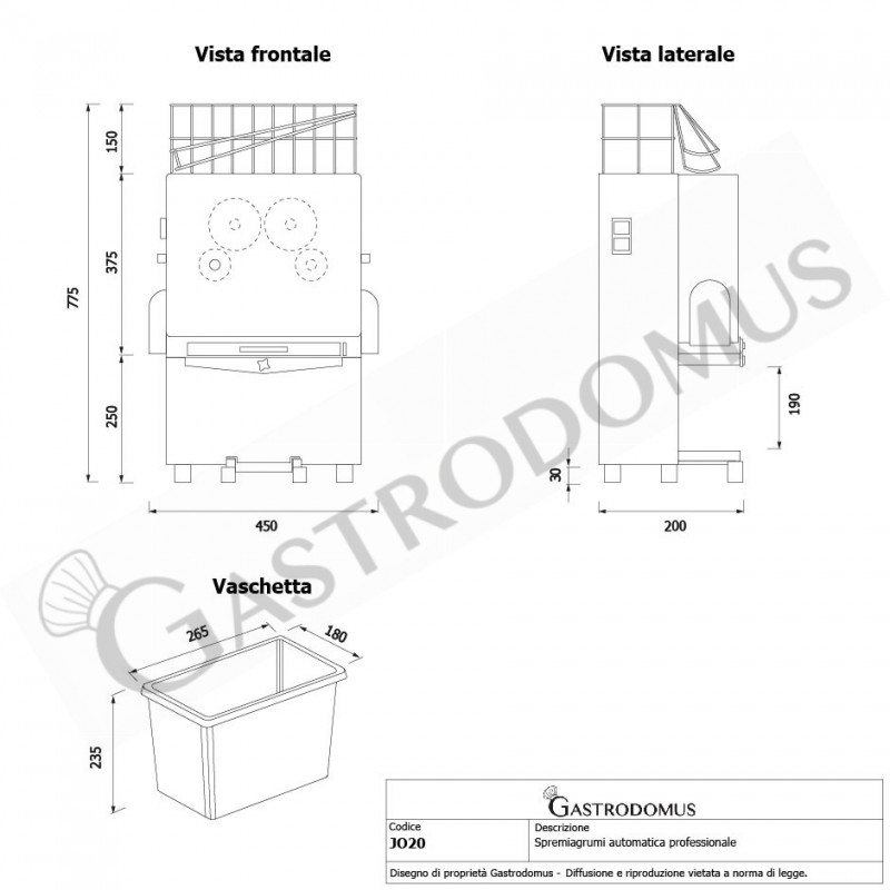 Exprimidor de naranjas automático profesional monofásico 0,12 Kw, producción por minuto 20 naranjas