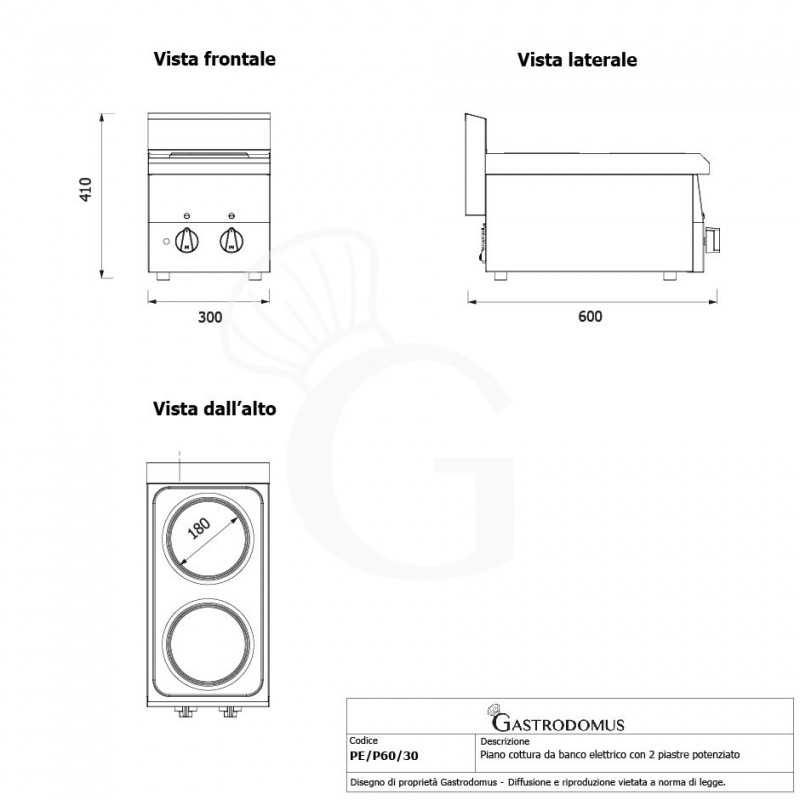 Cocina de sobremesa eléctrica 2 placas, 600 mm de profundidad
