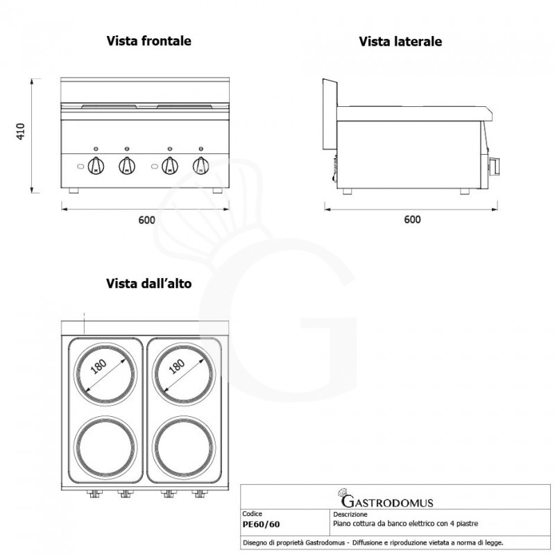 Cocina de sobremesa eléctrica 4 placas, 600 mm de profundidad