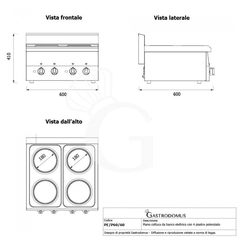 Cocina de sobremesa eléctrica 4 placas, 600 mm de profundidad