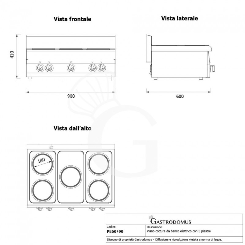Cocina de sobremesa eléctrica 5 placas, 600 mm de profundidad
