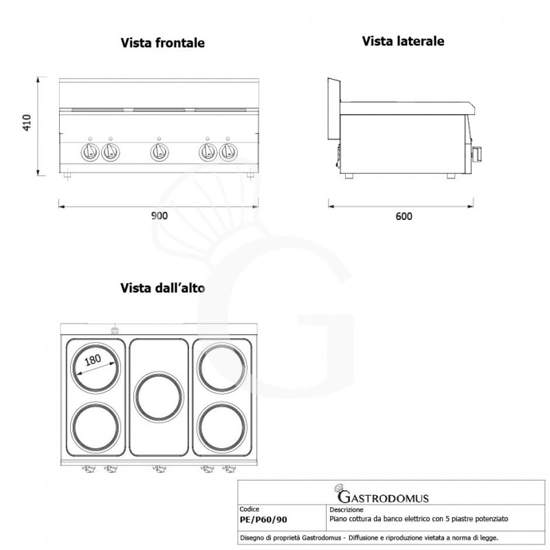 Cocina de sobremesa eléctrica de 5 placas de 600 mm de profundidad