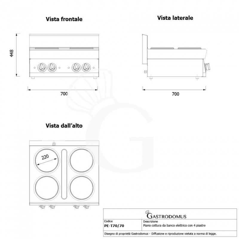 Cocina de sobremesa eléctrica de 4 placas, 700 mm de profundidad