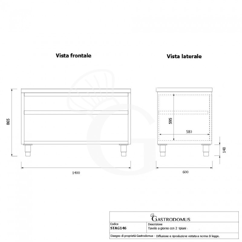 Mesa contrabarra de acero inoxidable con 2 estantes L 1400 mm x P 600 mm x A 865 mm