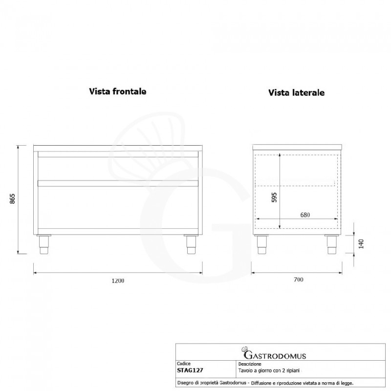 Mesa contrabarra de acero inoxidable con 2 estantes L 1200 mm x P 700 mm x A 865 mm