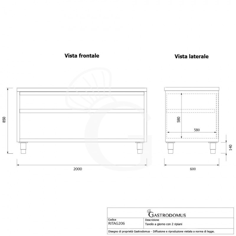 Mesa contrabarra de acero inoxidable con 2 estantes L 2000 mm x P 600 mm x A 850 mm