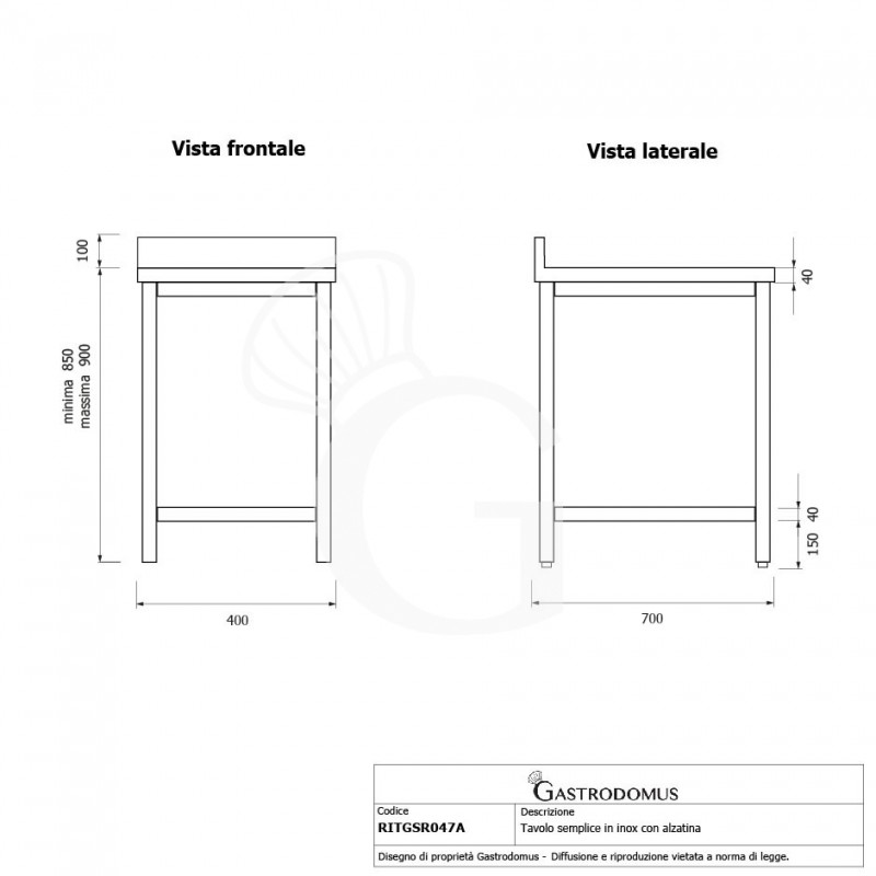 Mesa de acero inoxidable con peto trasero  L 400 mm x P 700 mm x A 950 mm