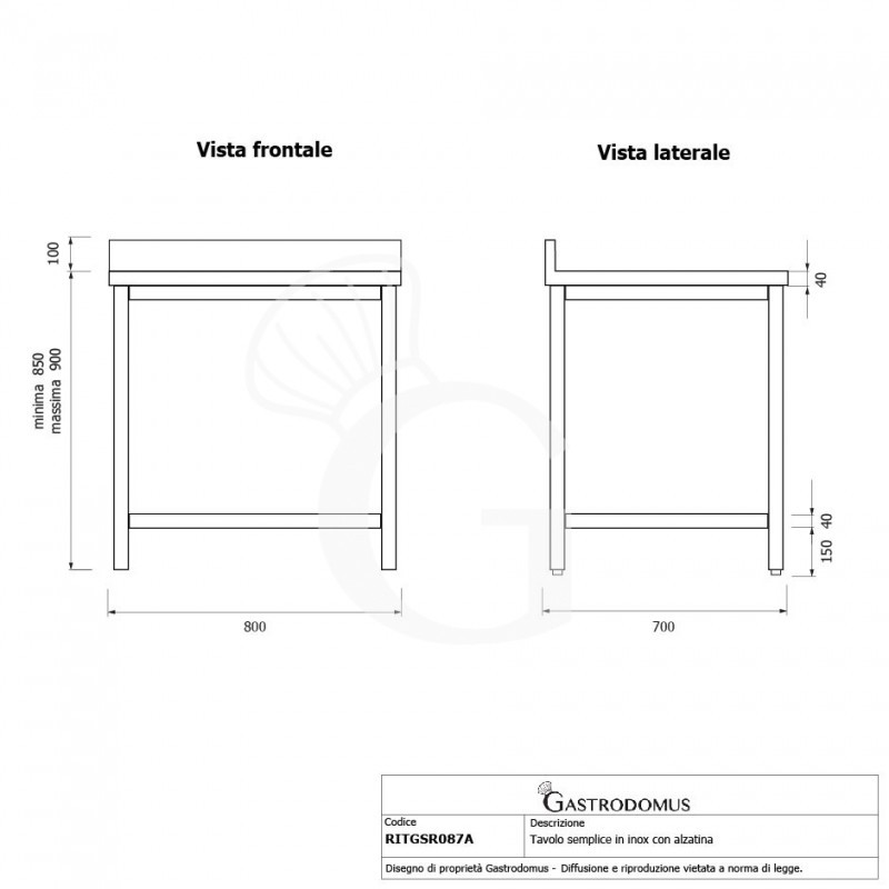 Mesa de acero inoxidable con peto trasero L 800 mm x P 700 mm x A 950 mm
