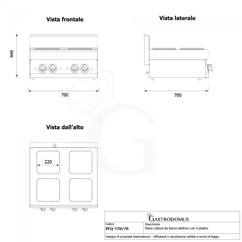 Cocina de sobremesa eléctrica de 4 placas cuadradas, 700 mm de profundidad