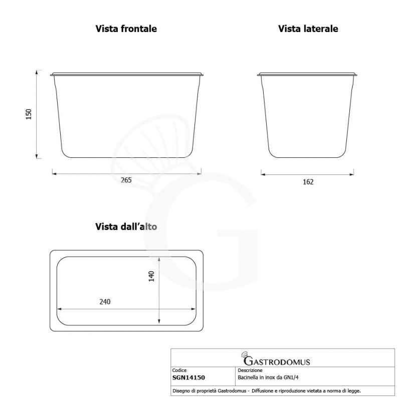 Cubeta de acero inoxidable GN1/4 L 265 mm x P 162 mm x A 150 mm
