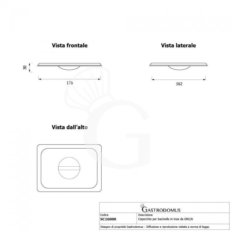 Tapa de acero inoxidable GN1/6 176 mm X 162 mm