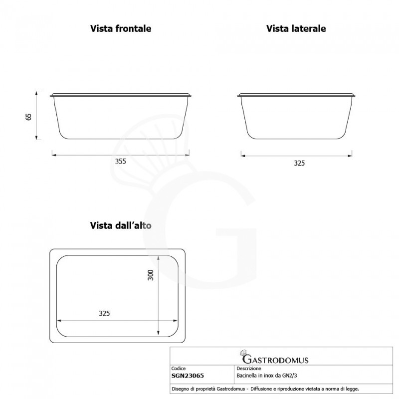 Cubeta de acero inoxidable GN2/3 L 353 mm X P 325 mm X A 65 mm 5,5 LT
