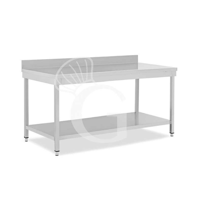 Mesa de acero inoxidable con estante inferior y peto L 2000 mm x P 600 mm x A 950 mm
