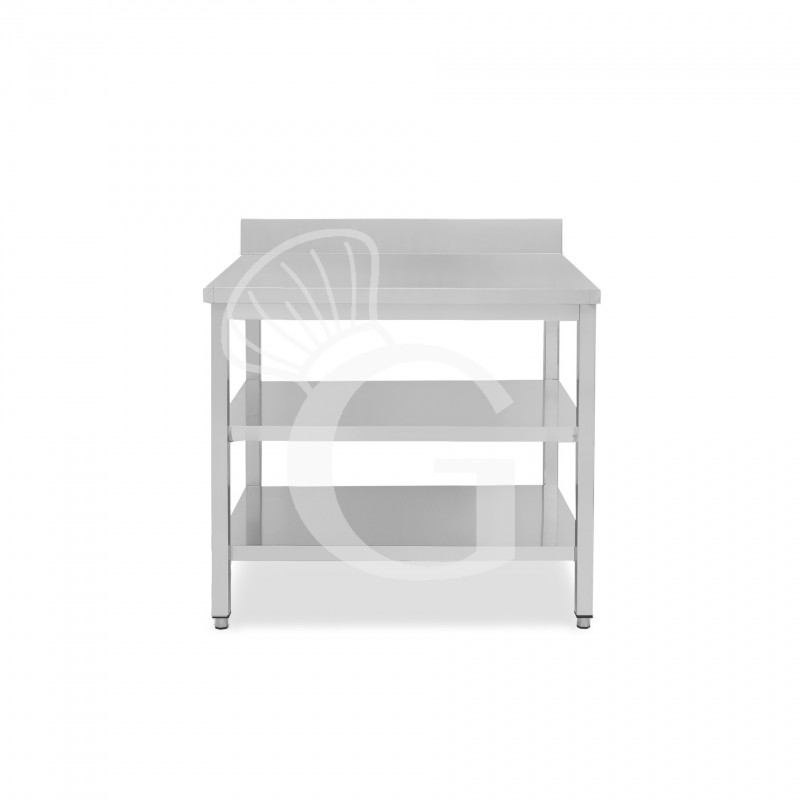 Mesa de trabajo de acero inoxidable con 2 estantes y peto, L 900 mm x P 800 mm x A 965 mm