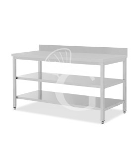 Mesa de acero inoxidable con 2 estantes y peto L 2000 mm x P 800 mm x A 950 mm