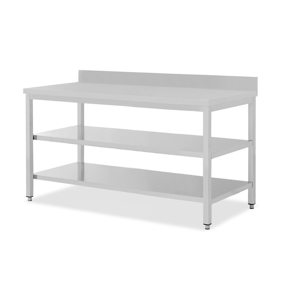 Mesa de acero inoxidable con 2 estantes y peto L 2000 mm x P 800 mm x A 950 mm